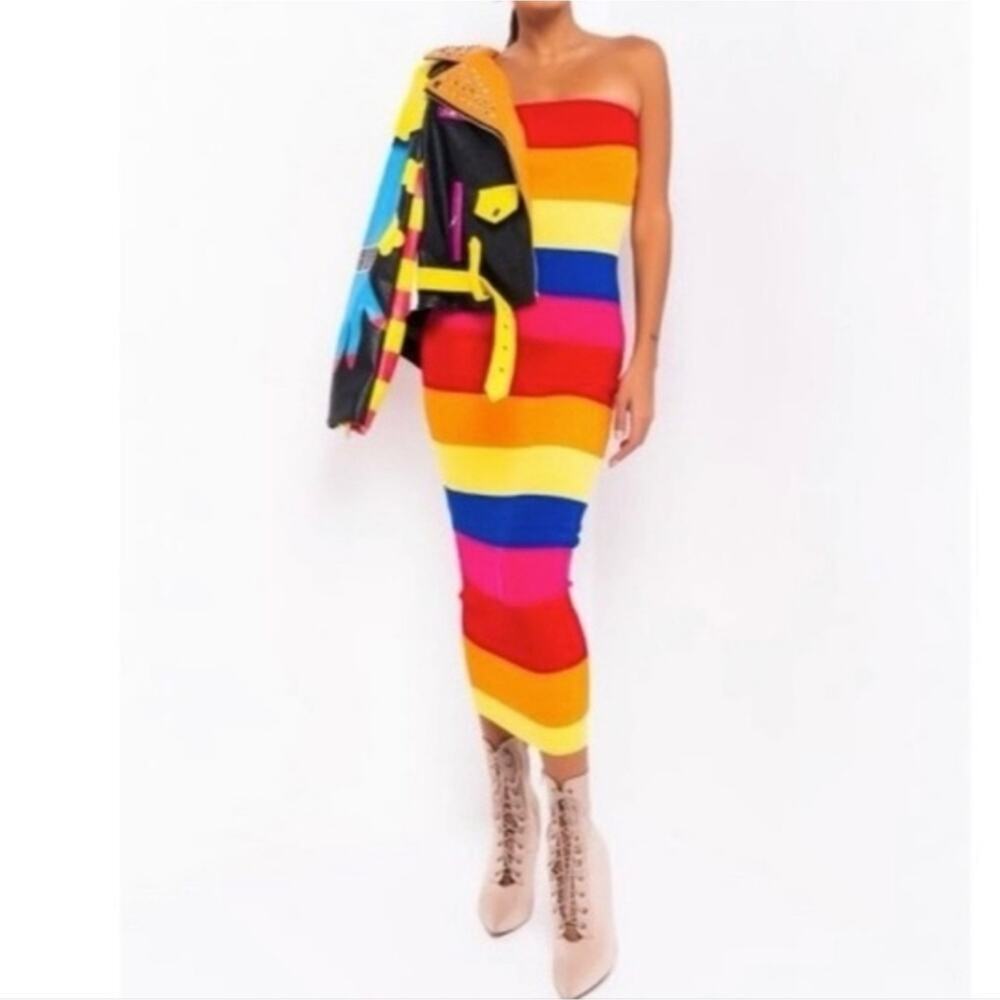 Akira Rainbow Striped Midi Ribbed‎ Tube Dress